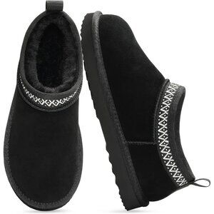 Women's Suede Mini Boots Fuzzy Snow Boots Short Ankle Boot Fur Lined Black